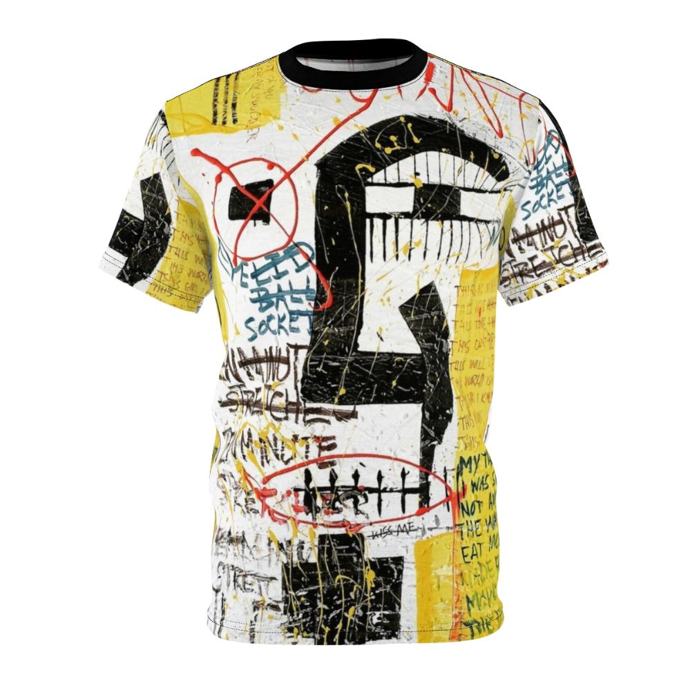 Vibrant abstract art t-shirt with expressive basquiatish-inspired visuals and neo-expressionist style elements.