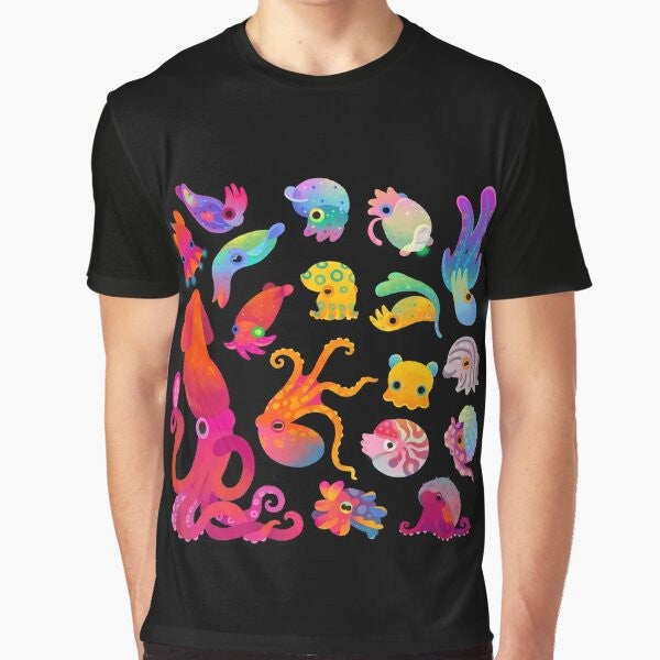 Cephalopod Graphic T-Shirt featuring a variety of marine cephalopods like squid, octopus, and more