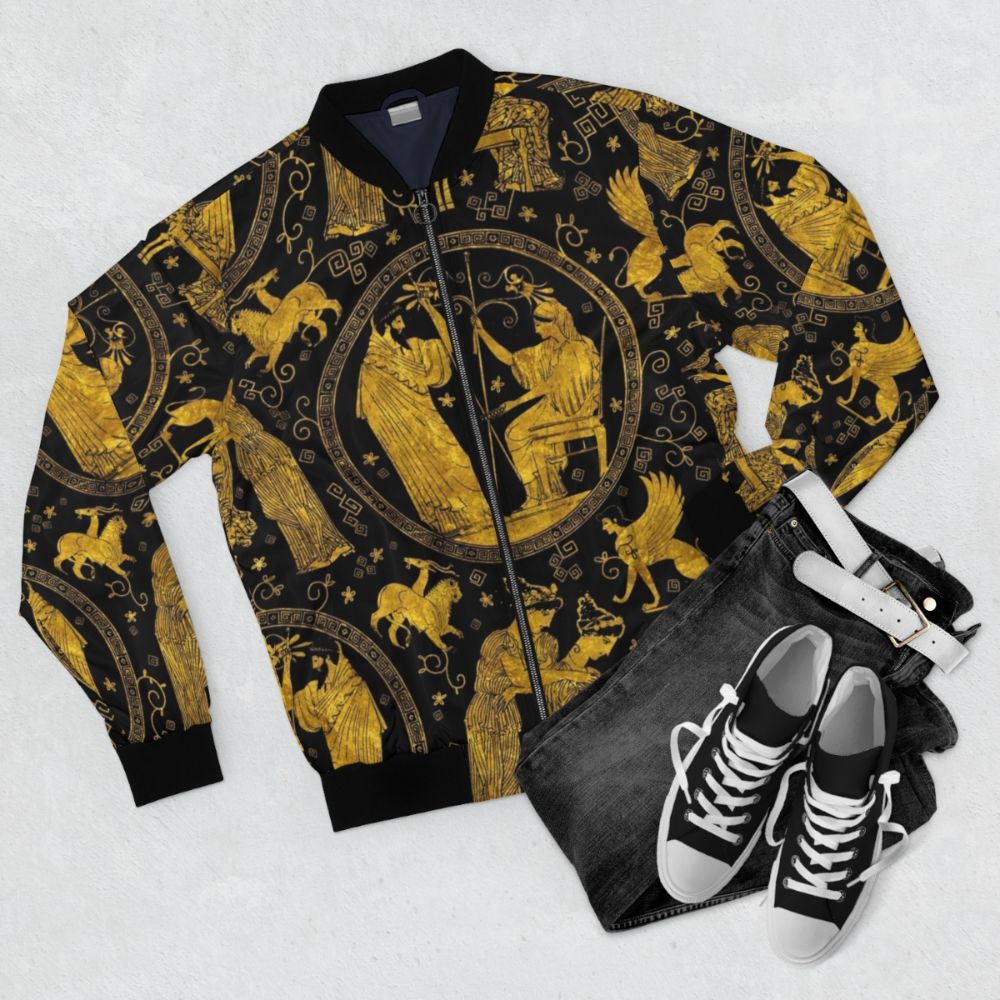 Greek art inspired bomber jacket with mythological patterns and gold accents - Flat lay