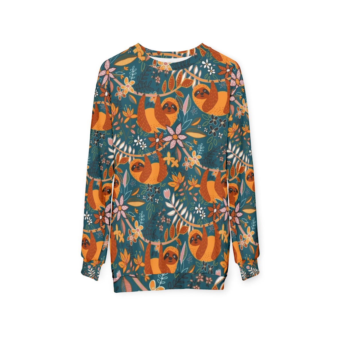 Boho floral sloth sweatshirt with teal, orange, and blush colors - hanging