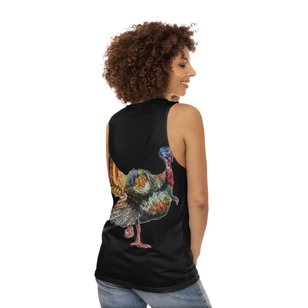 Watercolor turkey feather unisex tank top - women back