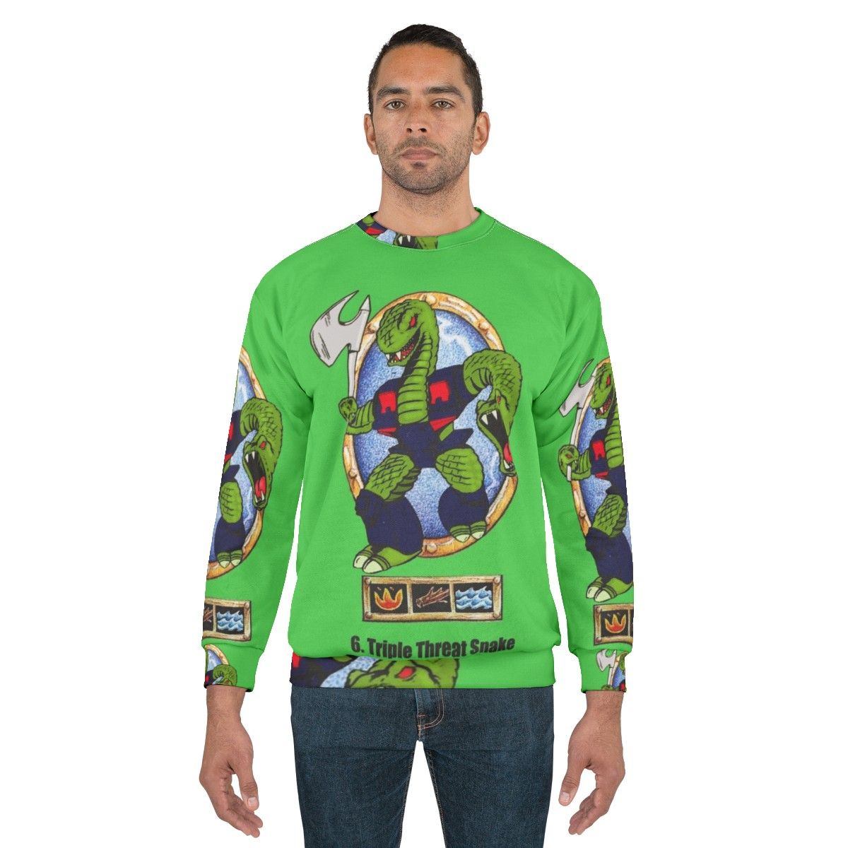 Battle Beasts 80s-style sweatshirt featuring vintage action figure graphics - men