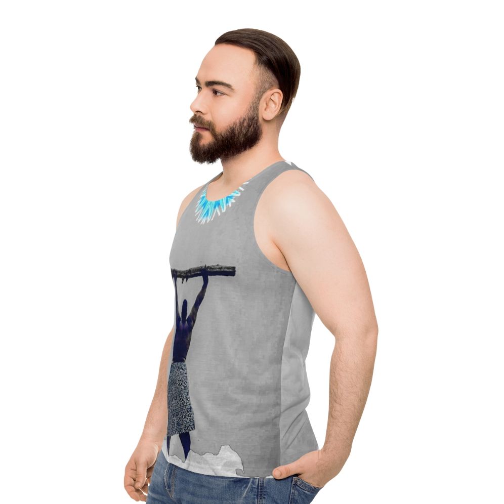 Unisex tank top featuring a digital illustration of a star above snowy mountains - men side