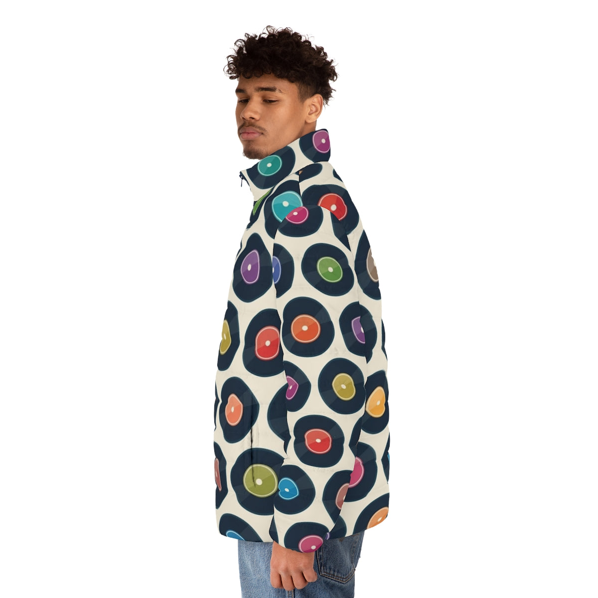 Retro vinyl record puffer jacket with a minimalist modernist pattern - men side left