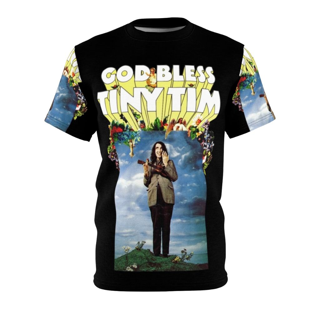 Vintage-inspired graphic t-shirt featuring the legendary crooner Tiny Tim and the classic song "God Bless Tiny Tim".