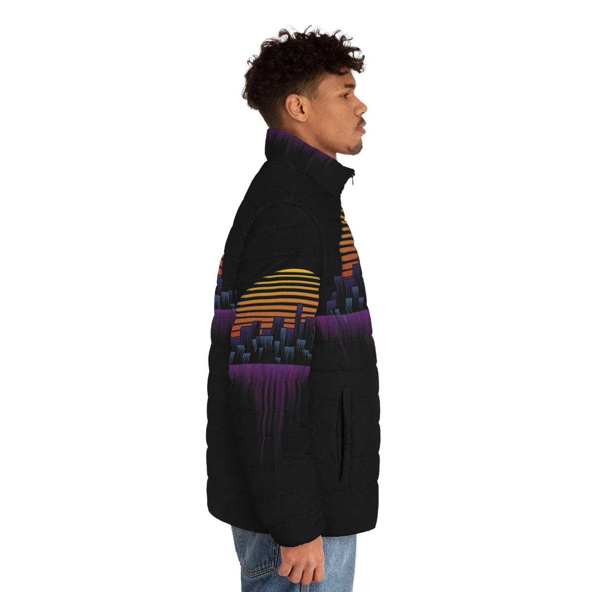 Retrowave City Soundwave Puffer Jacket - Synth-inspired puffer jacket in a retro, neon aesthetic - men side right