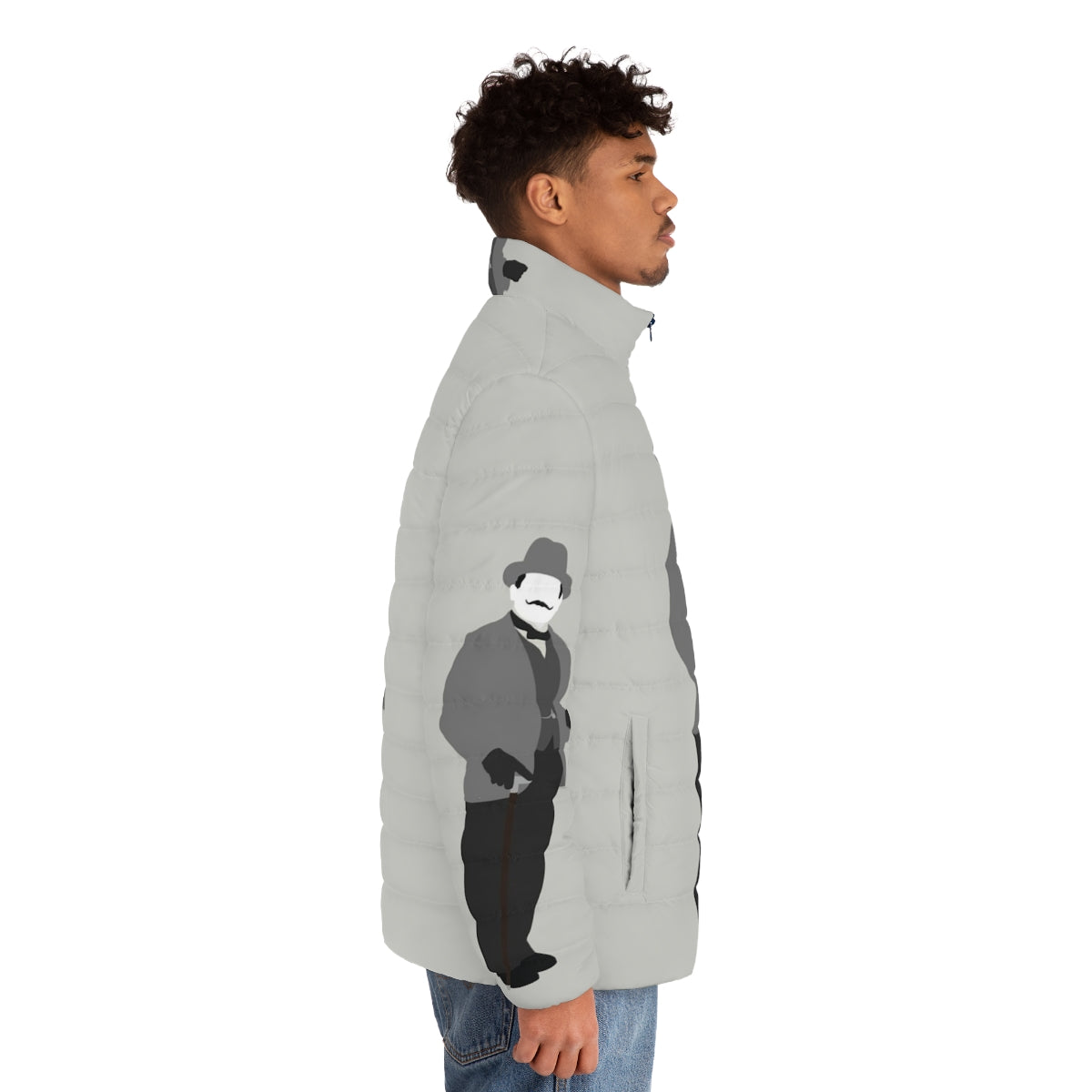 Hercule Poirot inspired puffer jacket with mystery thriller design - men side right