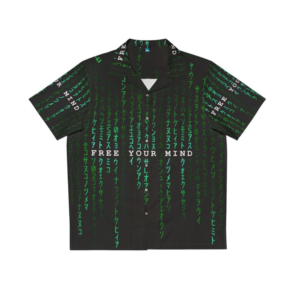 The Matrix "Free Your Mind" Hawaiian button-up shirt with digital rain pattern