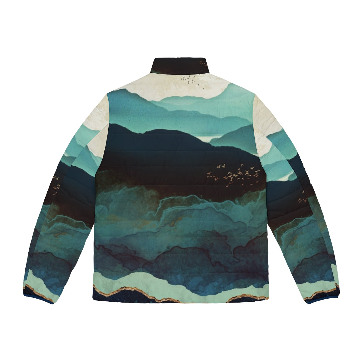 Indigo Mountains Puffer Jacket with abstract watercolor landscape design - Back