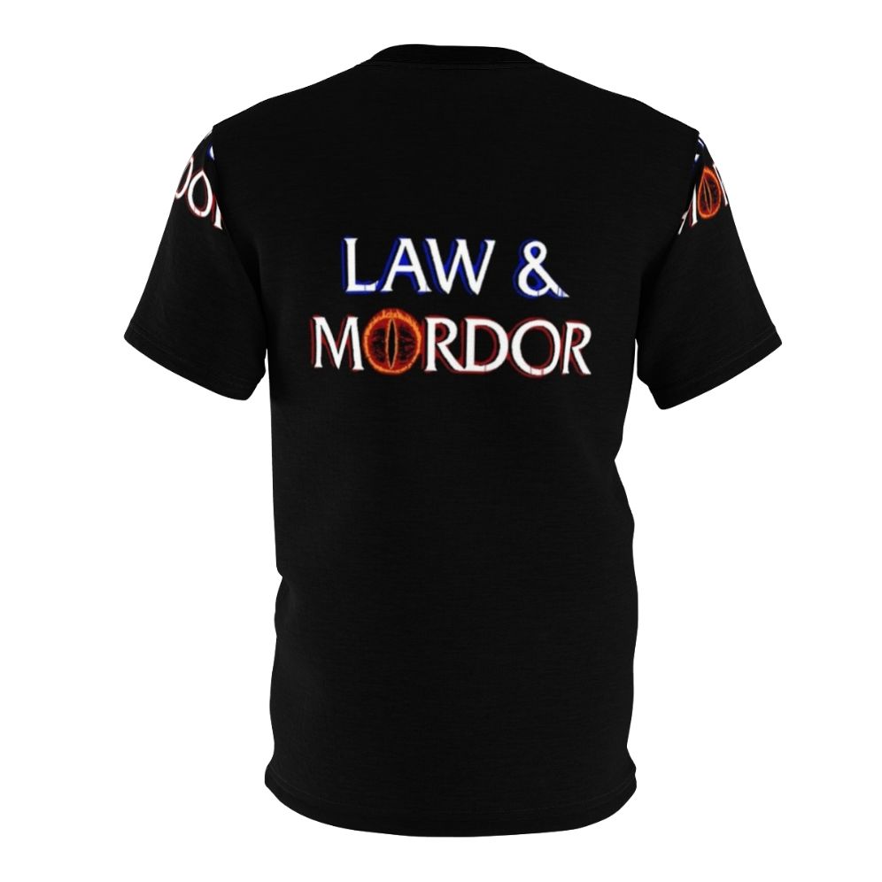 Mockup of a high-quality t-shirt with a "Law and Mordor" design, showcasing a play on words from the Lord of the Rings franchise. - Back