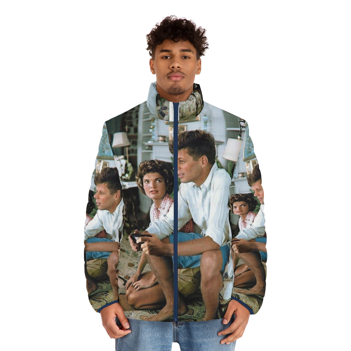 Vintage puffer jacket featuring an image of John F. Kennedy playing a video game console - men front