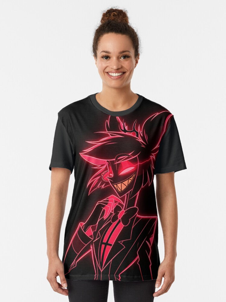 Neon graphic t-shirt featuring the radio demon Alastor from the Hazbin Hotel series - Women