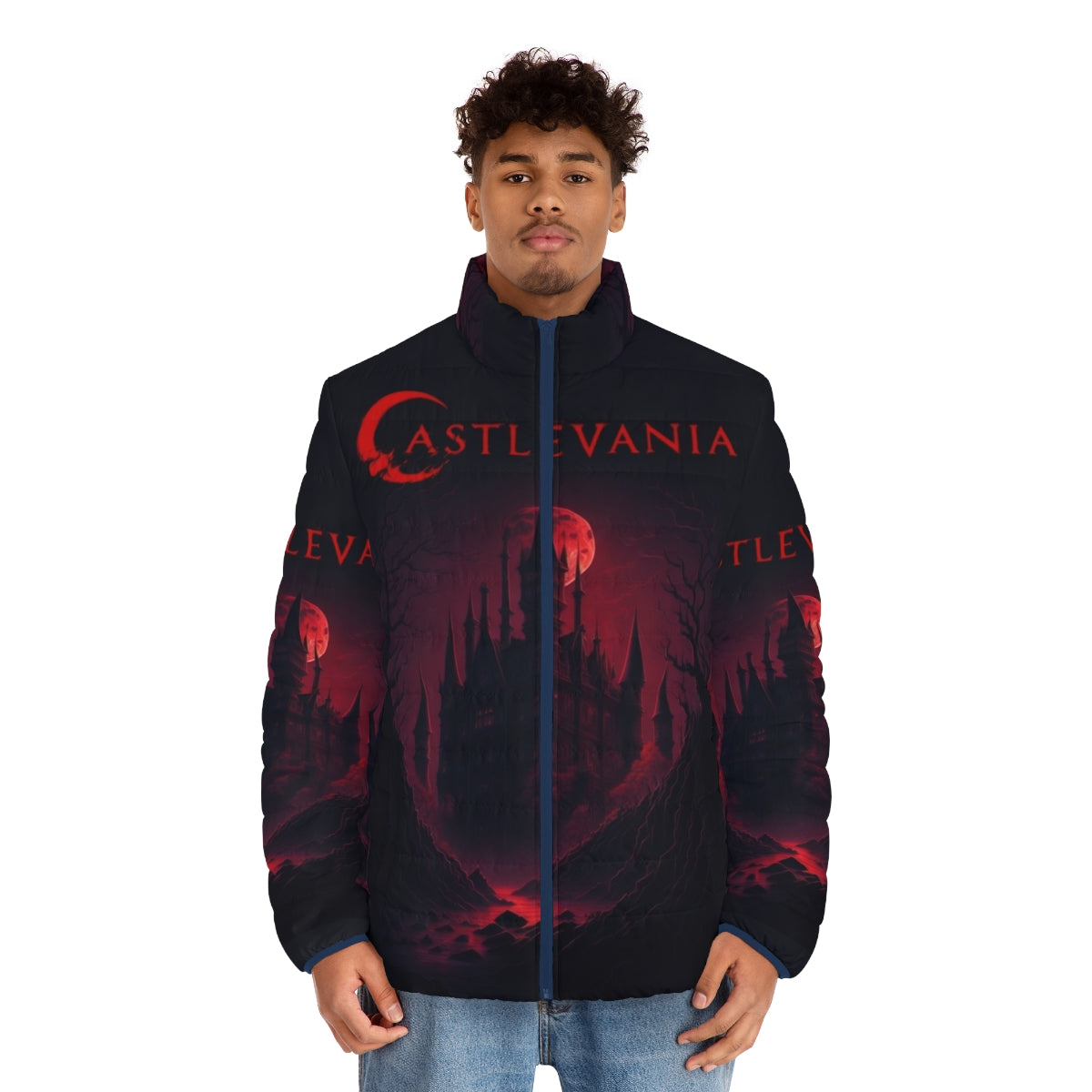 Castlevania: A Dark Place Puffer Jacket, featuring characters from the Netflix anime series - men front