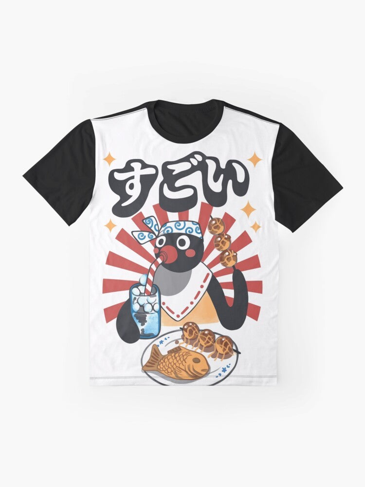 Matsuri Pengin graphic t-shirt featuring a cute penguin character in a Japanese festival-inspired design - Flat lay