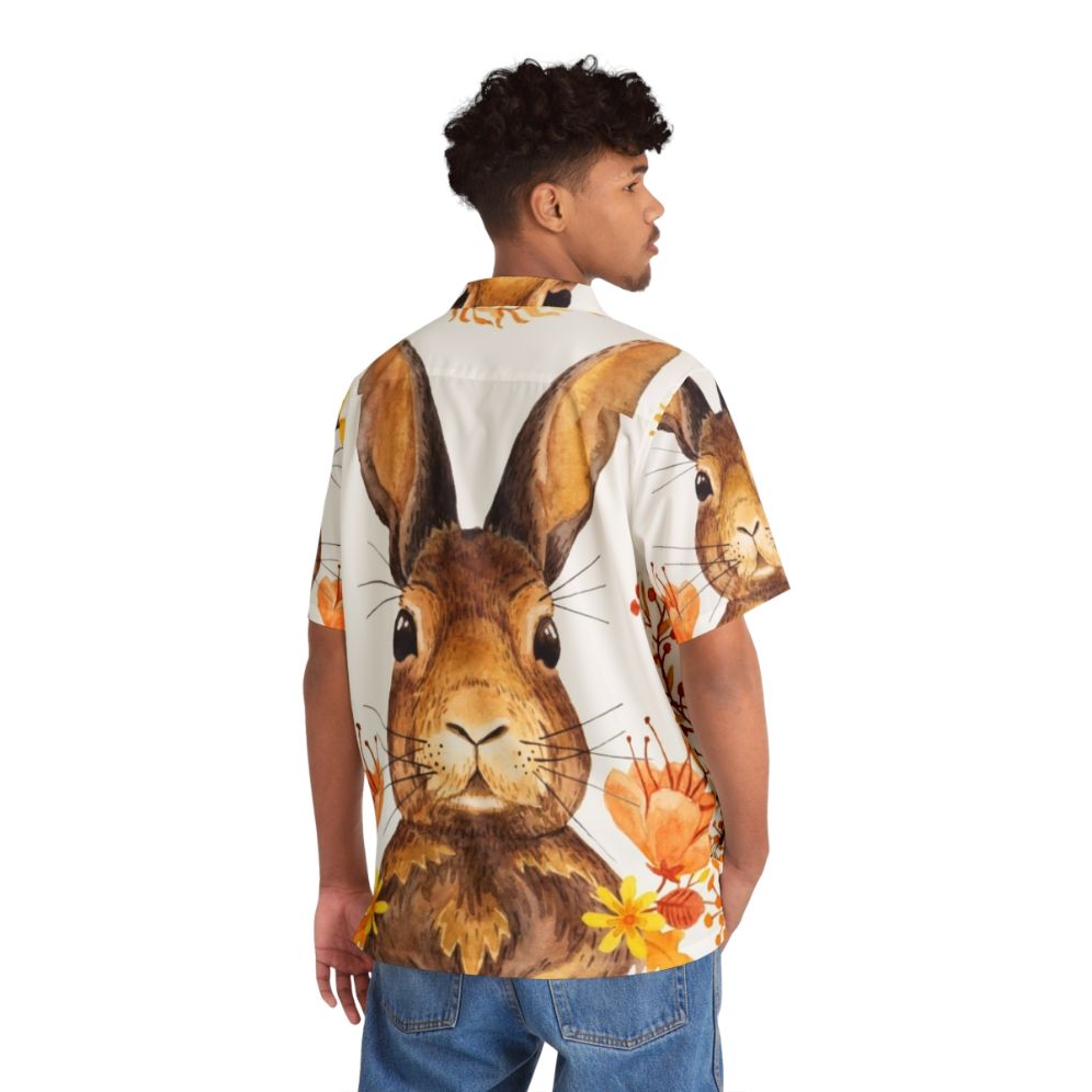 Autumn Bunny Hawaiian Shirt with Watercolor Floral Print - People Back