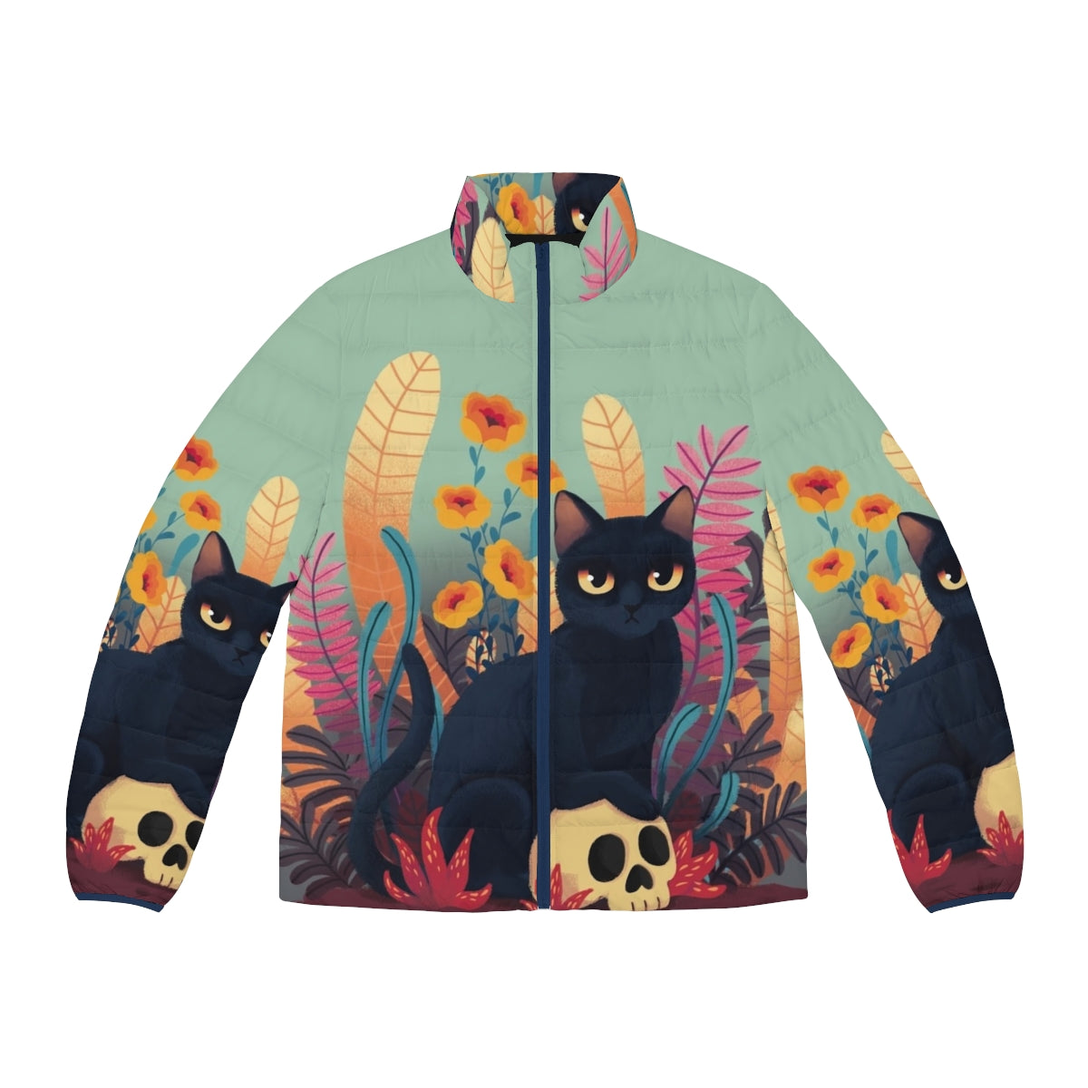 Skull Kitty Puffer Jacket with Floral and Autumn Motifs