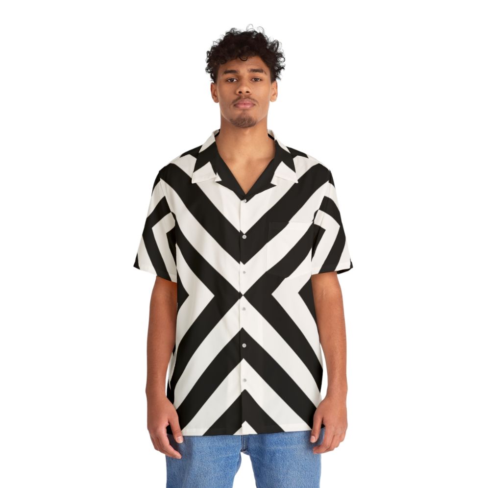 Black and white Hawaiian shirt with a minimalist, abstract pattern - People Front