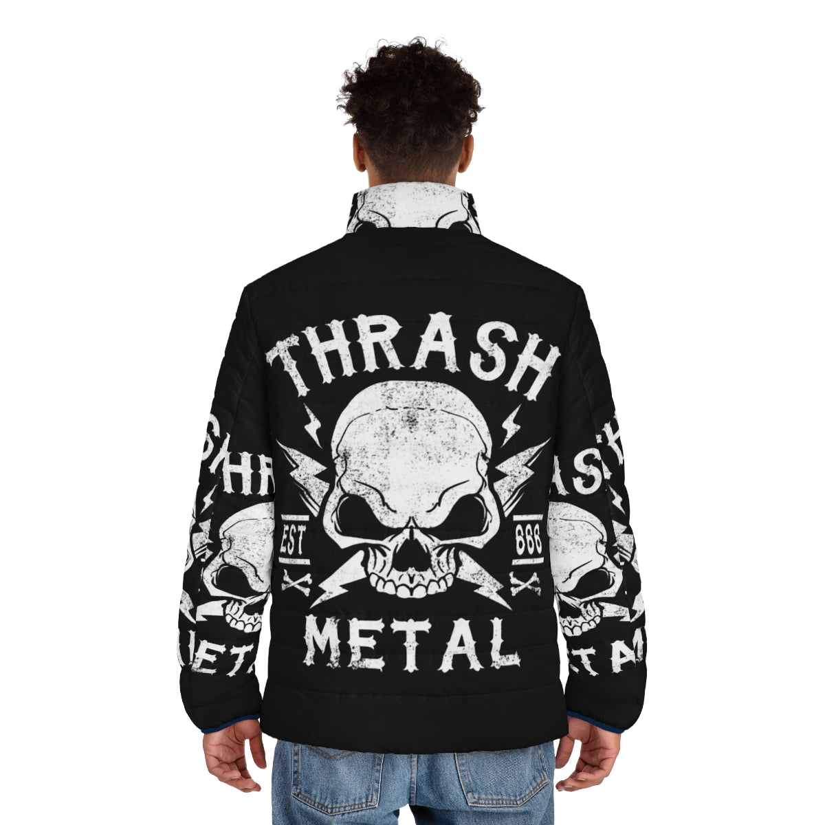 Thrash metal puffer jacket with satanic and death metal design for metal music enthusiasts - men back