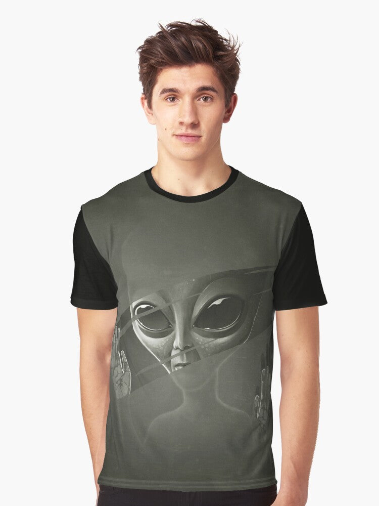 Alien graphic design on a black t-shirt, featuring a mysterious extraterrestrial creature in the cosmos. - Men