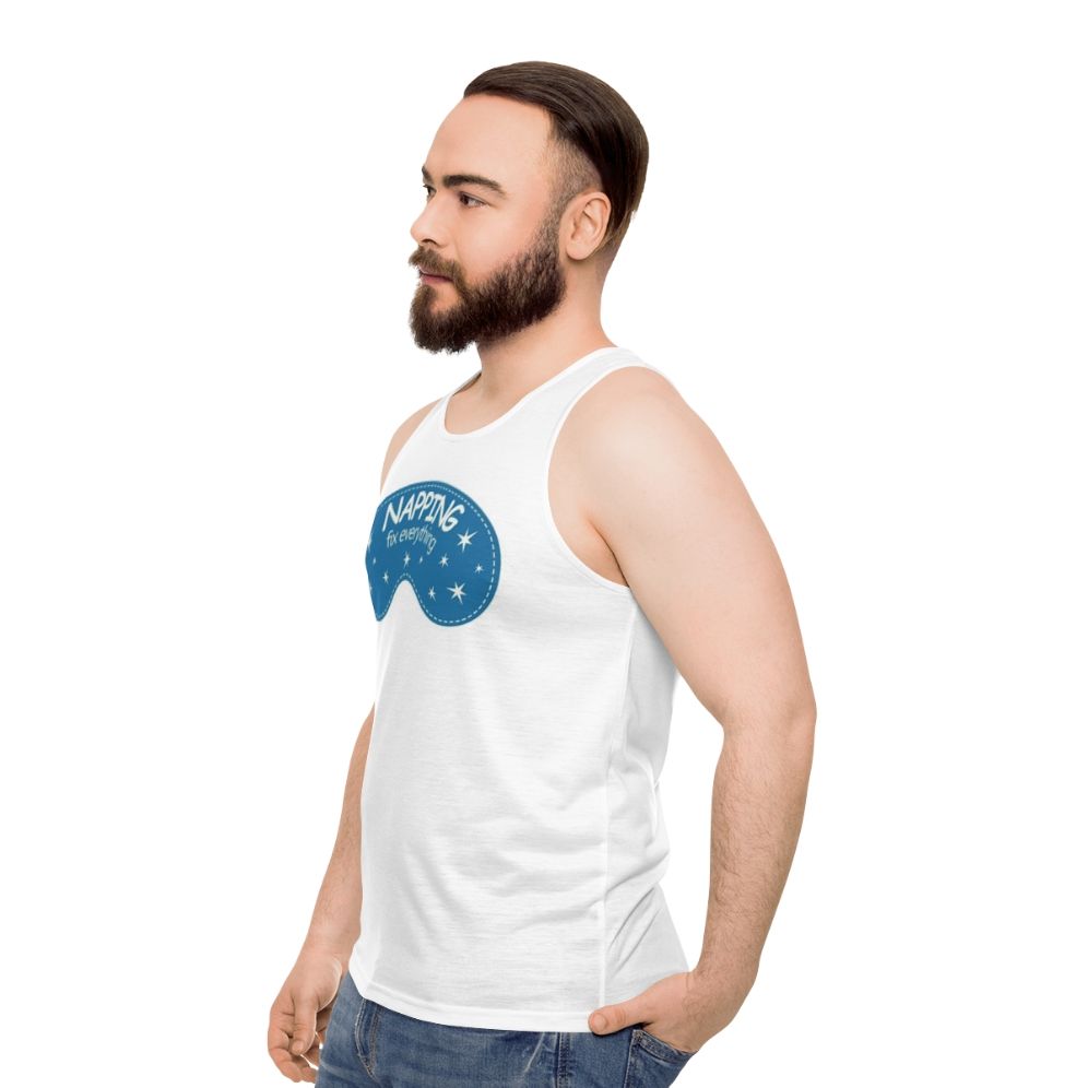 Unisex napping tank top featuring inspirational "Naps Fix Everything" quote - men side