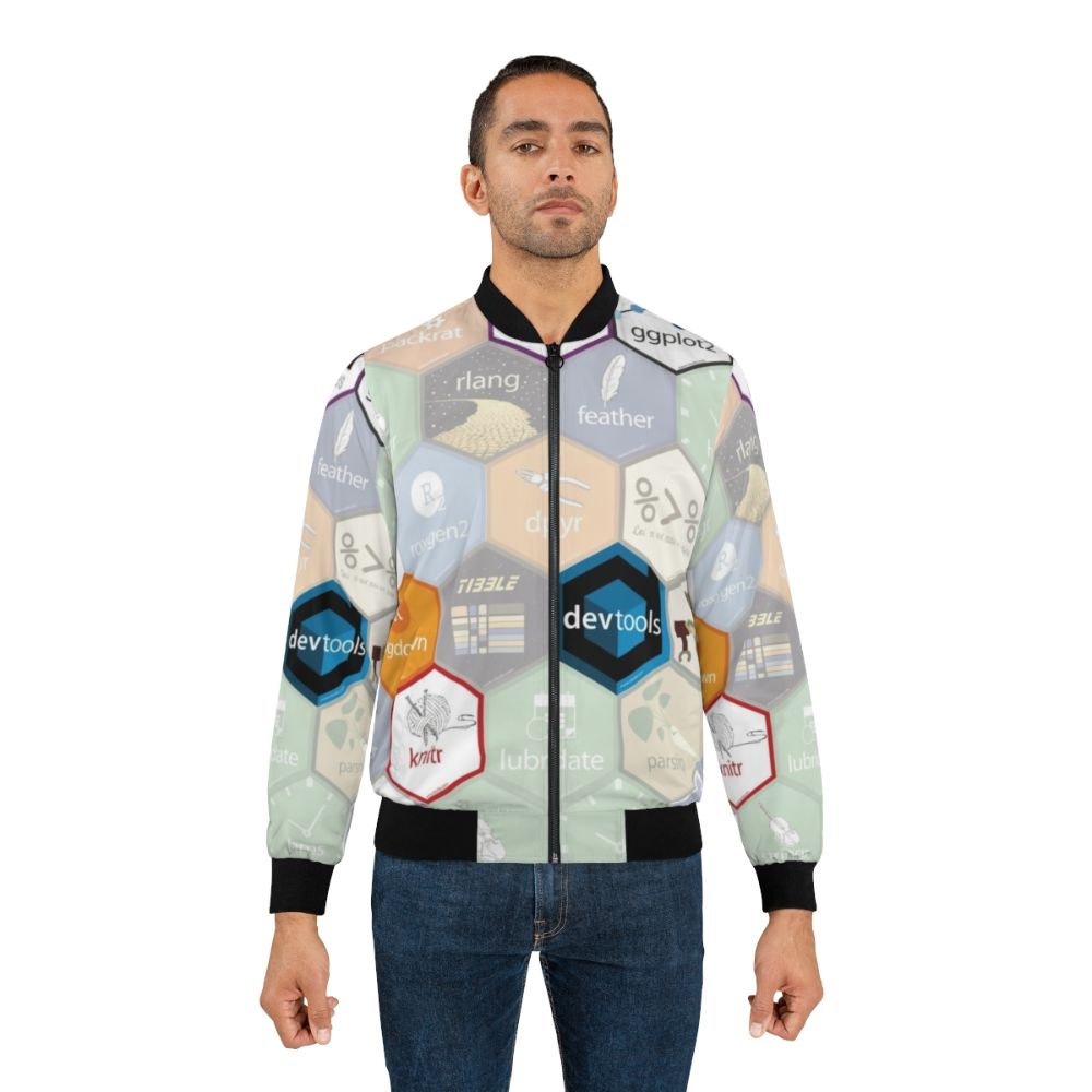 Hex design bomber jacket with large hexagonal patterns, perfect for R programming enthusiasts - Lifestyle