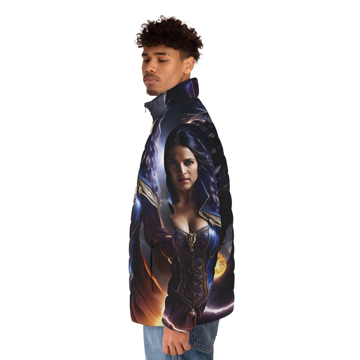 A blue electric puffer jacket with a superhero-inspired design - men side left