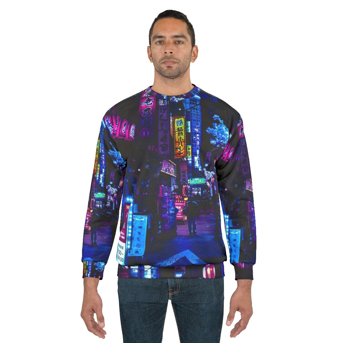 "Blue Tokyo Alley Sweatshirt with Cyberpunk Neon Streetwear Design" - men