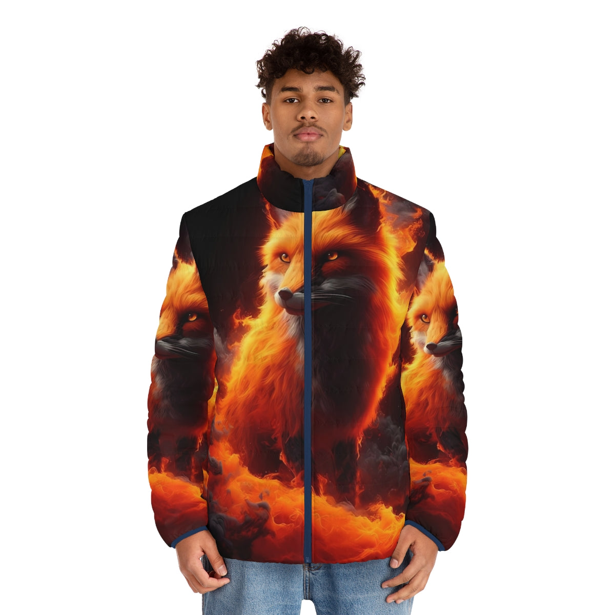 Fiery puffer jacket with abstract wildlife design - men front