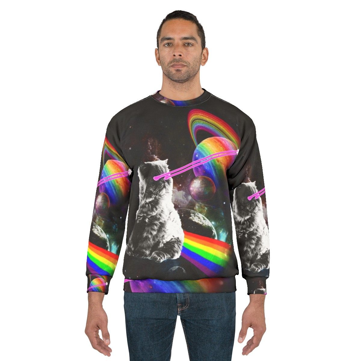 Cosmic cat in a space-themed intergalactic sweatshirt - men