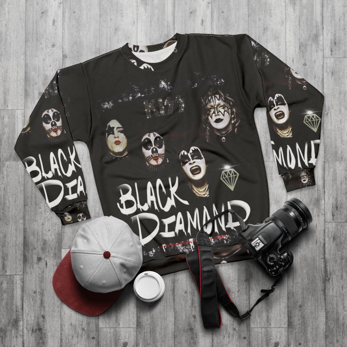 Vintage KISS band fan art printed sweatshirt - flat lay