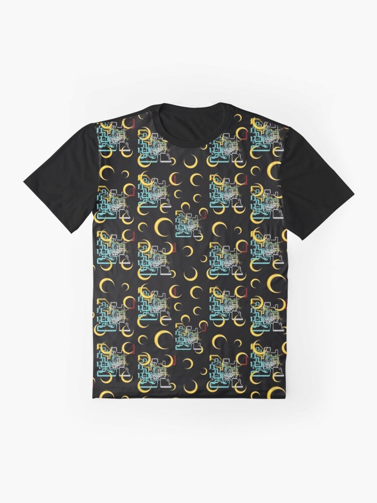 Colorful and vibrant graphic t-shirt featuring the Dan Flashes pattern from the TV show "I Think You Should Leave with Tim Robinson". - Flat lay