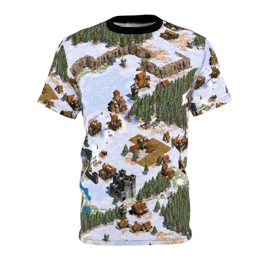 Vintage-style t-shirt featuring a snowy landscape design inspired by the classic real-time strategy game Age of Empires.