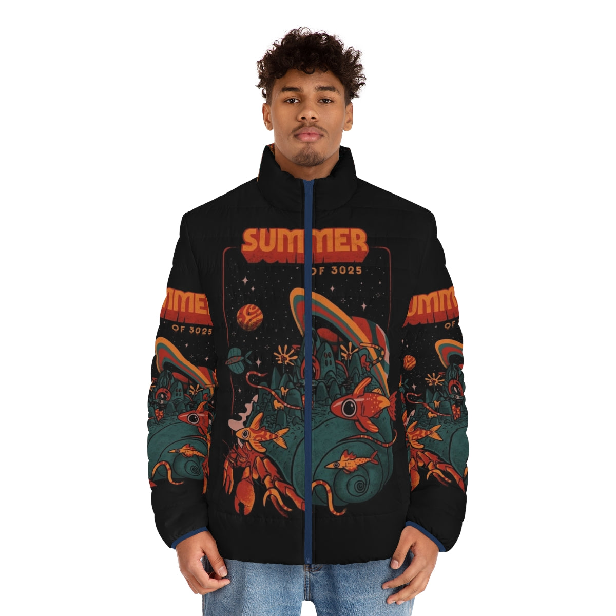 Retro futuristic puffer jacket with cosmic, intergalactic, and aquatic design elements - men front