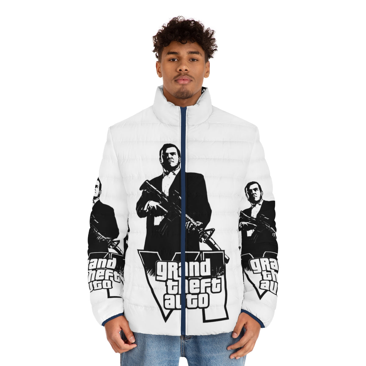 Grand Theft Auto Puffer Jacket featuring iconic GTA game elements - men front