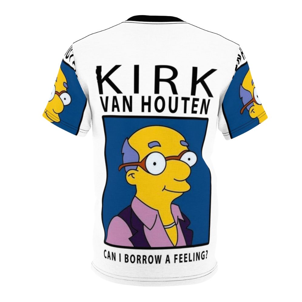 Graphic T-shirt design featuring the character Kirk Van Houten from the 90s TV show The Simpsons with the quote "Can I Borrow A Feeling?" - Back