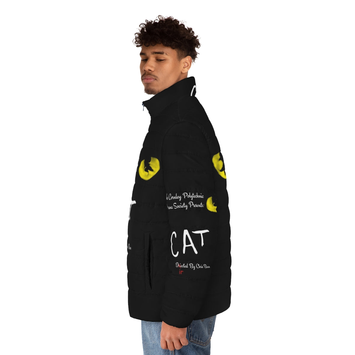 A cozy puffer jacket featuring a playful cat design inspired by the comedy 'The Play That Goes Wrong'. - men side left