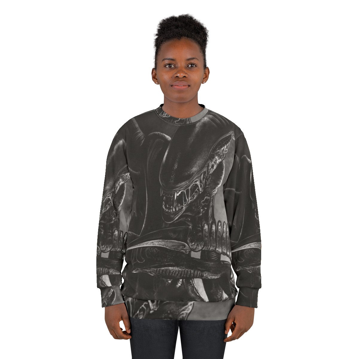 Handdrawn xenomorph alien design on a sweatshirt - women