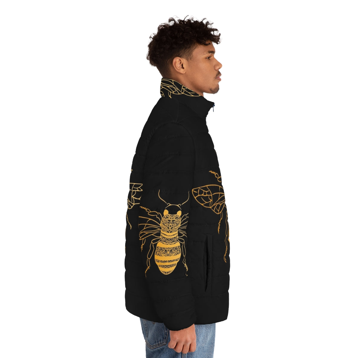 Model wearing a floral puffer jacket with a golden honeycomb pattern, inspired by nature and honey bees. - men side right