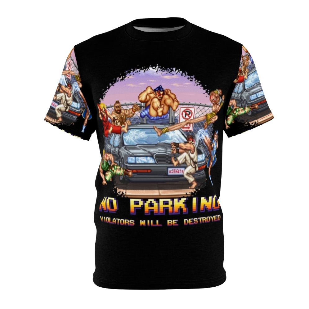 Retro 8bit style graphic t-shirt featuring a "No Parking - Violators Will Be Destroyed" message