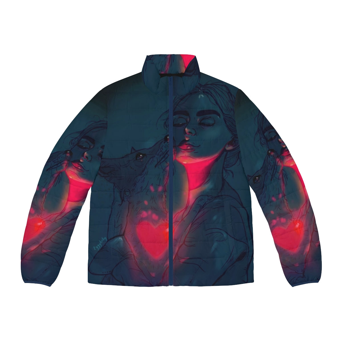 Glowstick Party Puffer Jacket with Vibrant Blue and Black Swirling Lights