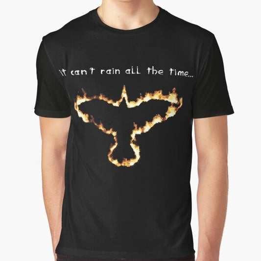 Fire Crow Graphic T-Shirt - Dark Gothic Movie Inspired Tee with Crow, Rain, and Quotes