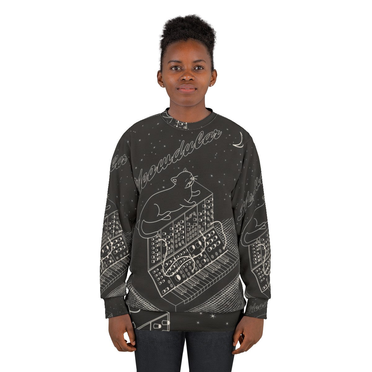 Analog modular synth sweatshirt with a synthesizer cat design - women