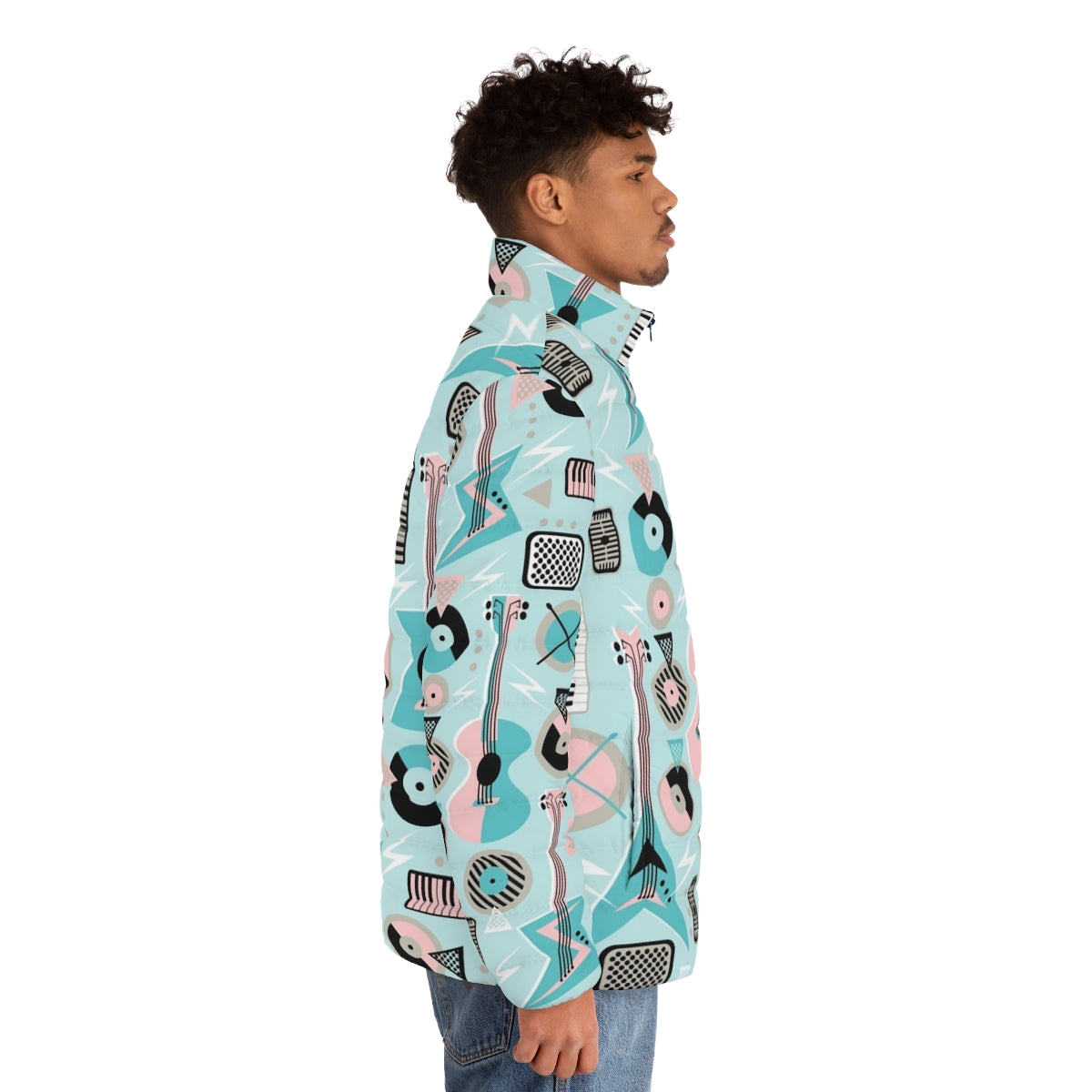 Retro musical turquoise puffer jacket with guitars, piano keys, and lightning bolt design - men side right