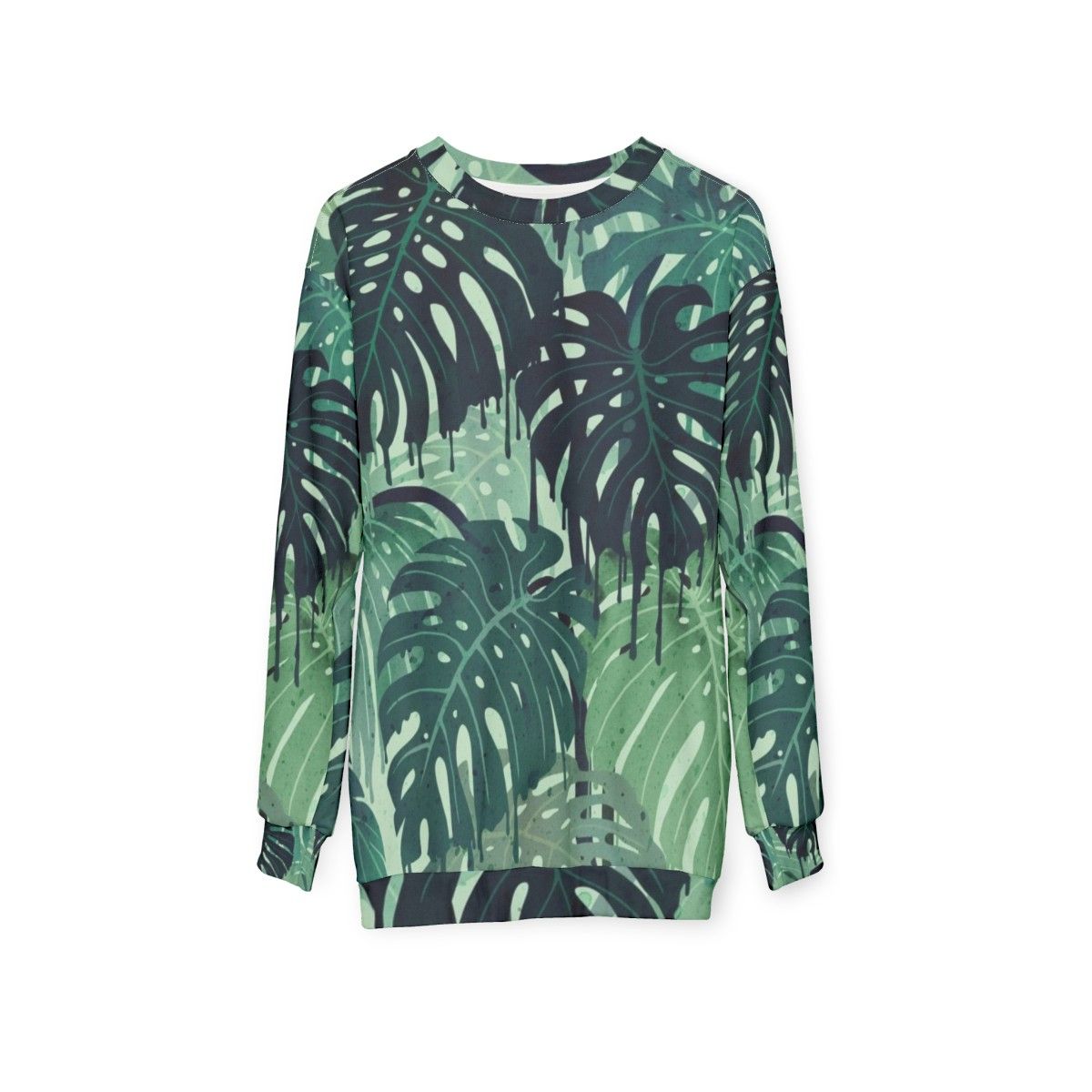 Tropical monstera leaves melting in a surreal green and blue sweatshirt design - hanging