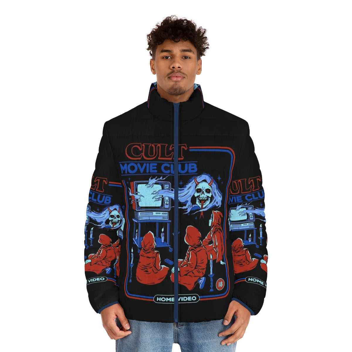 Cult Movie Club Vintage Puffer Jacket featuring retro horror film graphics - men front