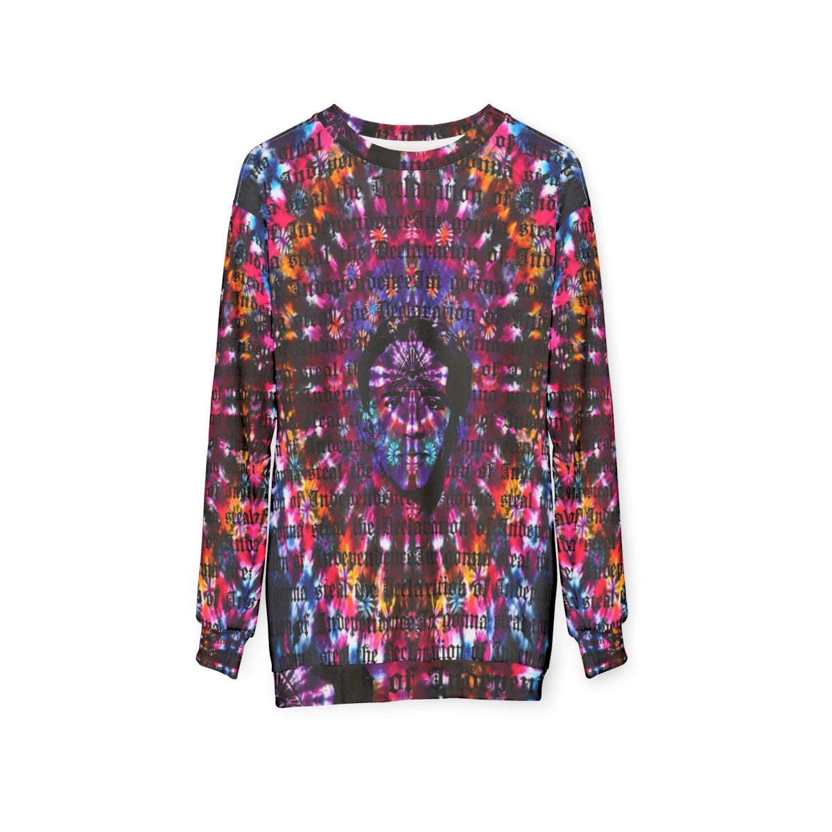 Nicolas Cage tie dye sweatshirt with Shambhala music festival design - hanging