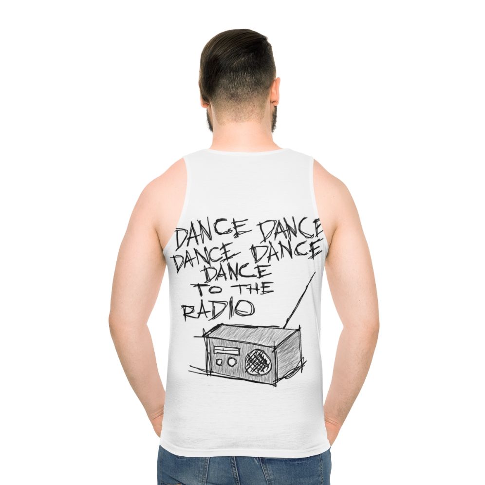 Unisex dance music tribute tank top featuring New Order and Joy Division - men back