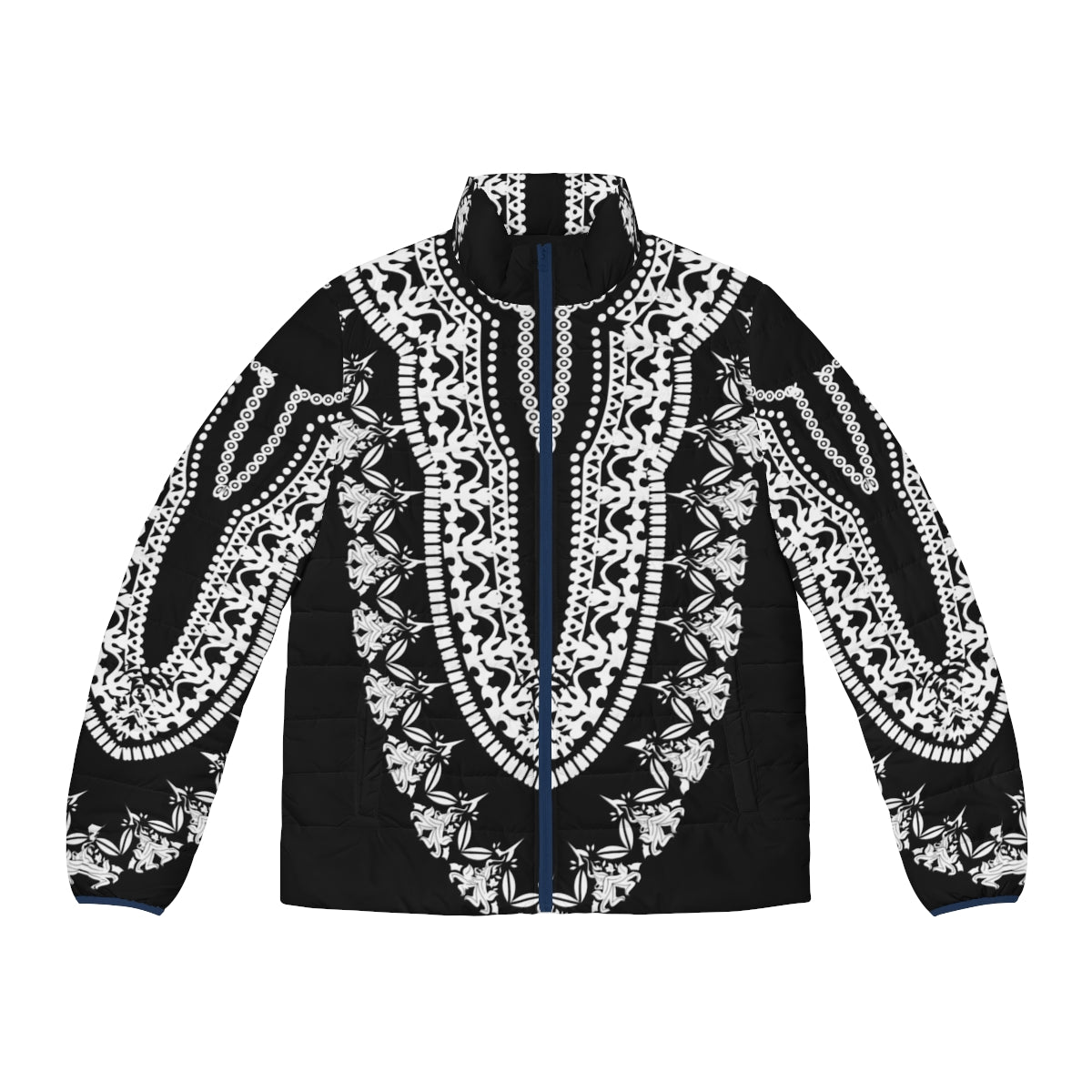 A black puffer jacket with a wakanda-inspired tribal pattern design