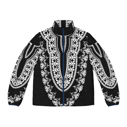 A black puffer jacket with a wakanda-inspired tribal pattern design