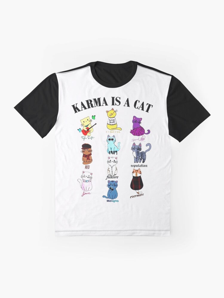 "Karma Is a Cat graphic t-shirt with a cute cat design" - Flat lay